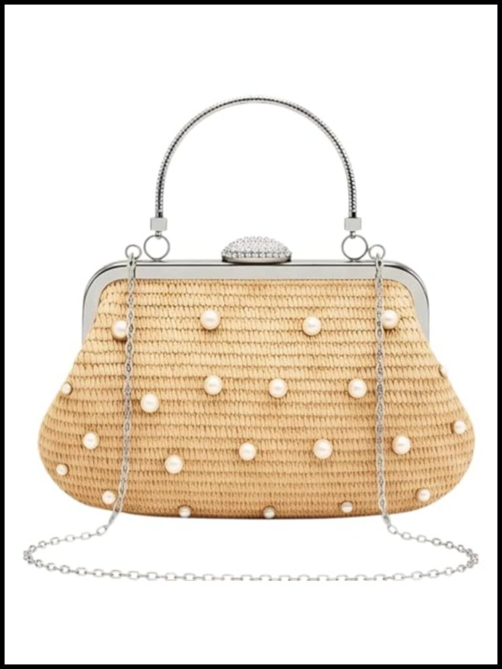 Woven Straw Clutch with Top Handle, Detachable Chain, Summer Beach Bag
